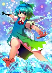 Rule 34 | 1girl, barefoot, bow, cirno, feet, female focus, luft, shoot the bullet, smile, solo, touhou