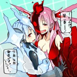 Rule 34 | + +, 2girls, :d, ;o, aqua background, arm around waist, asymmetrical docking, bare shoulders, blue hair, blush, breast press, breasts, cleavage, dutch angle, elenora (ishoujo), foreshortening, from side, gloves, gradient background, gradient hair, grid, hair between eyes, hair ornament, half-closed eyes, half mask, hug, huge breasts, ibis (ishoujo), index finger raised, ishoujo, large breasts, long hair, looking at viewer, looking back, mask, mouth mask, multicolored hair, multiple girls, one eye closed, open mouth, pink hair, profile, red eyes, short hair, short twintails, small breasts, smile, speech bubble, sweatdrop, symbol-shaped pupils, takayama toshinori, turtleneck, twintails, two side up, upper body, wavy mouth