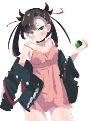 Rule 34 | 1girl, absurdres, bare shoulders, black hair, black jacket, blue eyes, breasts, choker, collarbone, cowboy shot, creatures (company), dress, dusk ball, female focus, game freak, grey hair, hair ribbon, hand up, highres, holding, holding poke ball, jacket, kuno (kc9s), long hair, looking at viewer, marnie (pokemon), multicolored hair, nintendo, pink dress, poke ball, pokemon, pokemon swsh, red ribbon, ribbon, shiny skin, short dress, small breasts, solo, standing, strap slip, twintails, two-tone hair
