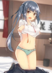 Rule 34 | 1girl, bed, beritabo, black ribbon, black skirt, black socks, blurry, blurry background, blush, bow, bow panties, brown eyes, clothes lift, clothes pull, collarbone, collared shirt, commentary request, curtains, depth of field, desk, grey hair, groin, hair ribbon, kantai collection, kasumi (kancolle), kasumi kai ni (kancolle), kneeling, lifted by self, long hair, long sleeves, looking at viewer, navel, neck ribbon, on bed, open mouth, panties, pillow, pleated skirt, red ribbon, ribbon, shirt, shirt lift, side ponytail, sidelocks, skirt, skirt pull, socks, solo, striped clothes, striped panties, underwear, undressing, very long hair, white shirt, window, wooden floor