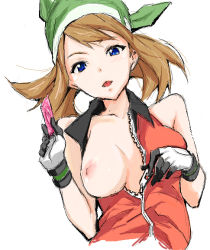 Rule 34 | 00s, 1girl, alternate breast size, alternate costume, bad id, bad pixiv id, bandana, blue eyes, breast slip, breasts, brown hair, condom, creatures (company), game freak, gloves, hat, holding, holding condom, large breasts, may (pokemon), may (pokemon emerald), naughty face, nintendo, nipples, one breast out, pokemon, pokemon rse, solo, toru k, unzipping