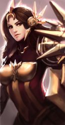 Rule 34 | 1girl, armor, breastplate, brown eyes, brown hair, ear protection, forehead protector, league of legends, leona (league of legends), lips, long hair, shield, solo, yy6242