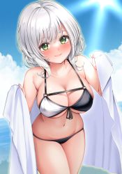Rule 34 | 1girl, absurdres, beach, bikini, blue sky, blush, breasts, closed mouth, cloud, cowboy shot, day, front-tie bikini top, front-tie top, green eyes, hatsanxp, highres, holding, holding towel, hololive, large breasts, leaning forward, lips, looking at viewer, md5 mismatch, medium hair, navel, ocean, resolution mismatch, shirogane noel, shirogane noel (summer 2020), sky, smile, solo, source smaller, stomach, sunlight, swimsuit, towel, two-tone bikini, virtual youtuber, water, white hair