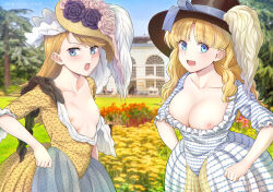 Rule 34 | 2girls, :d, architecture, blonde hair, blue eyes, blush, breasts, cleavage, dress, flower, frills, hat, highres, kanden sky, long hair, looking at viewer, multiple girls, nipples, open mouth, original, outdoors, period, small breasts, smile, traditional clothes, tree, victorian