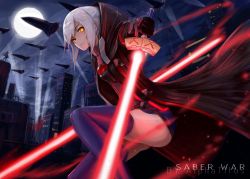 Rule 34 | 2girls, artoria pendragon (fate), city, double-blade, energy sword, english text, excalibur (fate/stay night), fate/grand order, fate (series), glowing, glowing eyes, lightsaber, looking at viewer, moon, multiple girls, mysterious heroine x (fate), mysterious heroine x alter (fate), mysterious heroine x alter (third ascension) (fate), night, searchlight, silver hair, spacecraft, spotlight, sword, thighhighs, thighs, weapon, yellow eyes