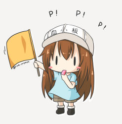 Rule 34 | 1girl, black footwear, blue shirt, blush stickers, boots, brown hair, brown shorts, character name, clothes writing, flag, flat cap, full body, grey background, hair between eyes, hat, hataraku saibou, holding, holding flag, holding whistle, long hair, platelet (hataraku saibou), ri-net, shirt, short sleeves, shorts, simple background, solid oval eyes, solo, standing, twitter username, very long hair, whistle, white hat