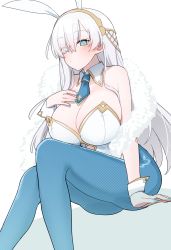 Rule 34 | 1girl, :o, akitokage, anastasia (fate), animal ears, artoria pendragon (all), artoria pendragon (fate), artoria pendragon (swimsuit ruler) (fate), artoria pendragon (swimsuit ruler) (fate) (cosplay), blue eyes, blue nails, blue necktie, blue pantyhose, blush, breasts, cleavage, cosplay, detached collar, fake animal ears, fate/grand order, fate (series), fishnets, fur scarf, gold hairband, hair behind ear, hairband, hand on own chest, highres, large breasts, leotard, looking at viewer, looking down, nail polish, necktie, pantyhose, playboy bunny, rabbit ears, short necktie, solo, white background, white hair, wrist cuffs