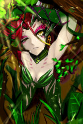 Rule 34 | 1girl, bare shoulders, branch, breasts, collar, green hair, highres, kumiko shiba, leaf, league of legends, monster girl, multicolored hair, plant, red hair, signature, sitting, solo, suggestive fluid, thorns, tree, vines, wariza, wince, yellow eyes, zyra
