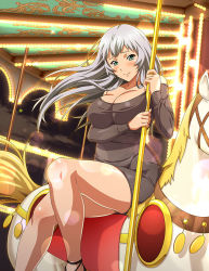 Rule 34 | 1girl, black dress, breasts, carousel, chouun shiryuu, cleavage, closed mouth, collarbone, dress, floating hair, green eyes, grey hair, ikkitousen, large breasts, lens flare, long hair, long sleeves, looking at viewer, off-shoulder dress, off shoulder, riding, short dress, sitting, slit pupils, smile, solo, sparkle, straight hair, unusually open eyes