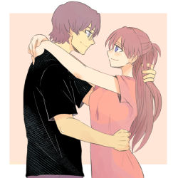 Rule 34 | 1boy, 1girl, aida kensuke, arms around shoulders, beard, blue eyes, breasts, brown hair, evangelion: 3.0+1.0 thrice upon a time, face-to-face, facial hair, glasses, grin, hand on another&#039;s head, holding, hug, long hair, looking at another, neon genesis evangelion, rebuild of evangelion, smile, souryuu asuka langley, standing