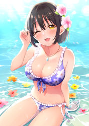 Rule 34 | 1girl, arm support, bead bracelet, beads, bikini, black hair, blush, bow, bracelet, breasts, check commentary, collarbone, commentary request, day, dot nose, floral print, flower, flower on liquid, frilled bikini, frills, front-tie top, hair flower, hair ornament, hand up, highres, idolmaster, idolmaster cinderella girls, jewelry, large breasts, looking at viewer, necklace, ocean, on water, one eye closed, open mouth, outdoors, print bikini, purple bikini, short hair, sitting, smile, solo, sunlight, swimsuit, takafuji kako, thighs, tokita arumi, water, wet, white bow, yellow eyes