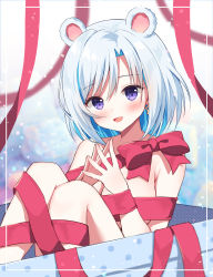 Rule 34 | 1girl, :d, animal ears, bear ears, blue hair, blush, bow, box, breasts, cleavage, earrings, feet out of frame, gift, gift box, hair between eyes, hands up, in box, in container, indie virtual youtuber, jewelry, knees up, large breasts, looking at viewer, mauve, multicolored hair, naked ribbon, open mouth, purple eyes, red bow, red ribbon, ribbon, shiromi (vtuber), smile, solo, steepled fingers, two-tone hair, virtual youtuber