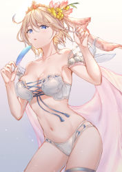 Rule 34 | 1girl, absurdres, bare shoulders, bikini, blonde hair, blue eyes, blue feathers, breasts, chumugi, cleavage, collarbone, europa (granblue fantasy), europa (summer) (granblue fantasy), feathers, flower, granblue fantasy, hair between eyes, hair flower, hair ornament, highres, large breasts, looking at viewer, navel, open mouth, petals, short hair, simple background, skindentation, solo, swimsuit, thigh strap, tiara, white background, white bikini, white flower