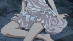 Rule 34 | 1girl, animated, anime screenshot, blush, breasts, brown eyes, brown hair, cleavage, collarbone, guilty crown, highres, large breasts, looking at viewer, nightgown, no bra, off shoulder, on floor, open mouth, shinomiya ayase, sound, subtitled, thighs, video, white nightgown