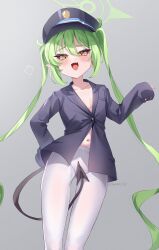 Rule 34 | 1girl, absurdres, black hat, black shirt, black tail, blue archive, blush, breasts, collarbone, collared shirt, demon tail, fang, feet out of frame, gradient background, green hair, green halo, hair between eyes, halo, hat, nozomi (blue archive), highres, long hair, long sleeves, looking at viewer, open mouth, pantyhose, peaked cap, pointy ears, shirt, skin fang, small breasts, solo, tail, taiyaki12, twintails, twitter username, white pantyhose, yellow eyes