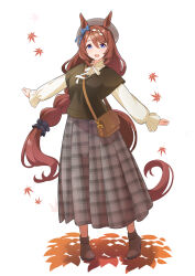 1girl :d alternate_costume animal_ears autumn_leaves bag between_breasts black_scrunchie blue_bow blue_eyes bow breasts brown_bag brown_footwear brown_hair brown_sweater_vest ear_bow full_body grey_hat grey_skirt hair_between_eyes hair_ornament hair_scrunchie handbag hat highres horse_ears horse_girl horse_tail leaf long_hair long_skirt long_sleeves looking_at_viewer open_mouth scrunchie shiromaru_illust shirt simple_background skirt smile solo strap_between_breasts super_creek_(umamusume) sweater_vest tail umamusume very_long_hair white_background white_shirt