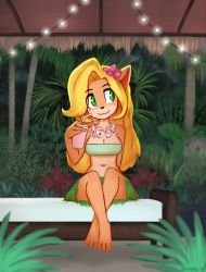 Rule 34 | 1girl, :3, alternate breast size, animal ears, animal feet, animal nose, arm behind back, artist name, asymmetrical bangs, bandeau, bare shoulders, barefoot, blonde hair, body fur, breasts, brown fur, bush, cleavage, closed mouth, coco bandicoot, collarbone, crash bandicoot (series), cup, dated, disposable cup, drink, drinking straw, feet, female focus, flower, flower necklace, forehead, furry, furry female, grass skirt, green bandeau, green eyes, green skirt, hair flower, hair ornament, hand up, happy, head tilt, holding, holding cup, holding drink, indoors, jewelry, long hair, looking to the side, medium breasts, midriff, miniskirt, navel, necklace, on bed, palm tree, pink flower, purple flower, sidelocks, signature, sitting, skirt, smile, solo, soupbag, stomach, straight-on, string of light bulbs, tree, two-tone fur