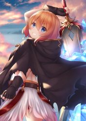 Rule 34 | 1girl, absurdres, arm up, belt, black gloves, blue eyes, blue sky, blush, brown belt, brown cloak, brown hair, cloak, cloud, cloudy sky, crystal, fingerless gloves, from behind, gloves, grin, hair between eyes, highres, holding, holding sword, holding weapon, hood, hood down, hooded cloak, looking at viewer, looking to the side, muimi (princess connect!), outdoors, princess connect!, skirt, sky, smile, solo, sunset, sword, torn clothes, weapon, white skirt, yuririn poi