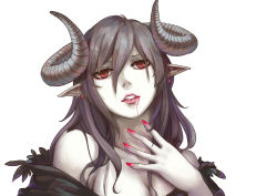 Rule 34 | 1girl, absurdres, aoiakamaou, bad id, bad pixiv id, bare shoulders, black hair, blood, blood from mouth, breasts, cleavage, clenched teeth, demon horns, earrings, hair between eyes, twirling hair, highres, horns, jewelry, long hair, looking at viewer, nail polish, original, pale skin, pink lips, pointy ears, portrait, red eyes, red nails, simple background, solo, teeth, white background