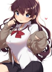 Rule 34 | 1girl, bad id, bad twitter id, beige jacket, black skirt, blue eyes, blush, bow, bowtie, breasts, brown hair, commentary, hair between eyes, highres, ichinose shiki, idolmaster, idolmaster cinderella girls, jacket, long hair, medium breasts, mg pong, navel, open clothes, open jacket, parted lips, pleated skirt, red bow, red bowtie, shirt, simple background, skirt, solo, symbol-only commentary, upper body, white background, white shirt