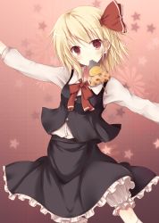 Rule 34 | 1girl, blonde hair, bloomers, blouse, blush, cowboy shot, female focus, food, gradient background, hair ribbon, hasuga sea, head tilt, highres, looking at viewer, mouth hold, outstretched arms, red eyes, ribbon, rumia, shirt, short hair, skewer, skirt, solo, start, touhou, underwear, white shirt