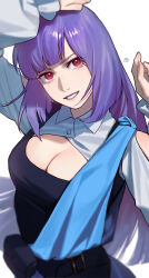 Rule 34 | 1girl, arm up, artist logo, belt, belt pouch, black belt, blue tank top, breasts, cleavage, clothing cutout, commentary request, grin, gundam, gundam zz, hand up, head tilt, highres, large breasts, long hair, long sleeves, looking at viewer, pouch, purple hair, red eyes, roux louka, shoulder cutout, shrug (clothing), simple background, smile, solo, tank top, upper body, ususio 11, very long hair, white background