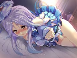 Rule 34 | 1girl, aozora stripe, bare shoulders, bed, blush, grabbing another&#039;s breast, breast slip, breasts, brown eyes, female masturbation, fingering, game cg, grabbing, hat, long hair, masturbation, mizutani sumire, one breast out, open mouth, panties, piromizu, purple hair, solo, underwear, window