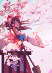 Rule 34 | 1girl, arm up, ascot, blue ascot, blue sky, bow, branch, broom, brown hair, cherry blossoms, cowboy shot, dappled sunlight, day, detached sleeves, from side, hair blowing, hair bow, hair tubes, hakurei reimu, hanamoto410, highres, holding, holding broom, long hair, looking up, open hand, open mouth, outdoors, parted lips, petals, ponytail, profile, red eyes, red skirt, red vest, ribbon-trimmed sleeves, ribbon trim, sideways mouth, skirt, sky, solo, standing, sunlight, touhou, vest, wind