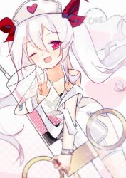 Rule 34 | 1girl, ;d, artist name, azur lane, bandaged arm, bandages, bandaid, bandaid on arm, bare shoulders, bikini, bikini top only, black bikini, blush, breasts, cake (isiofb), cleavage, collarbone, commentary, crossed bandaids, dress, dutch angle, fang, fishnet thighhighs, fishnets, garter straps, hair between eyes, hair ribbon, hat, heart, highres, hugging object, jewelry, large syringe, long hair, looking at viewer, nurse cap, one eye closed, open mouth, oversized object, polka dot, red eyes, red ribbon, ribbon, ring, silver hair, small breasts, smile, solo, sparkling eyes, swimsuit, symbol-only commentary, syringe, thighhighs, twintails, v, vampire (azur lane), vampire (little devil in white) (azur lane), white background, white dress, white hat