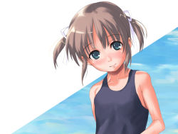 Rule 34 | 1girl, artist request, black one-piece swimsuit, blue eyes, blush, brown hair, character request, cloud, copyright request, flat chest, hair ribbon, looking at viewer, one-piece swimsuit, ribbon, short hair, sky, smile, solo, swimsuit, twintails, upper body