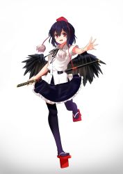 Rule 34 | 1girl, :d, absurdres, bird wings, black hair, black ribbon, black skirt, black thighhighs, black wings, collared shirt, feathered wings, frilled skirt, frills, full body, geta, hat, highres, looking at viewer, neck ribbon, open mouth, outstretched arm, pom pom (clothes), red eyes, red hat, ribbon, running, scabbard, shameimaru aya, sheath, sheathed, shirt, short hair, short sleeves, simple background, skirt, smile, solo, sword, tengu-geta, thighhighs, tokin hat, touhou, weapon, white background, white shirt, wing collar, wings, yusake san