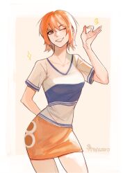 Rule 34 | 1girl, artist name, commentary, dollar sign, english commentary, hair behind ear, hand gesture, highres, nami (one piece), ok sign, one eye closed, one piece, orange hair, pt lynnn, shirt, short hair, short sleeves, smile, solo, teeth, two-tone shirt, v-neck