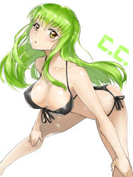 Rule 34 | 1girl, ass, bent over, bikini, black bikini, blush, breasts, c.c., character name, cleavage, code geass, collarbone, commentary request, feet out of frame, front-tie top, green hair, hands on own knees, highres, leaning forward, long hair, looking at viewer, medium breasts, side-tie bikini bottom, simple background, solo, standing, swimsuit, white background, yellow eyes, yuki tarou