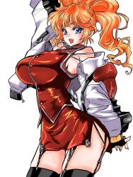 1girl arm_up blonde_hair blue_eyes excellen_browning fingerless_gloves garter_straps gloves highres jacket legs long_hair looking_at_viewer open_clothes open_jacket ponytail skirt smile solo super_robot_wars teeth thighs tongue