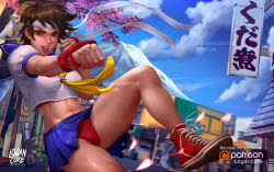 Rule 34 | 1girl, :d, artist logo, artist name, ascot, blue sailor collar, blue skirt, breasts, brown eyes, brown hair, building, capcom, cherry blossoms, cloud, commentary, converse, crop top, day, deviantart username, kasugano sakura, logan cure, looking at viewer, medium breasts, midriff, miniskirt, mountain, navel, neckerchief, nose, open mouth, outdoors, panties, parted lips, patreon logo, patreon username, pleated skirt, punching, red footwear, red panties, road, rooftop, sailor collar, school uniform, shirt, shoes, short sleeves, skirt, smile, sneakers, solo, stomach, street fighter, sunlight, sweat, teeth, tongue, translation request, tree, twitter username, underwear, volcano, watermark, web address, white shirt, yellow neckwear