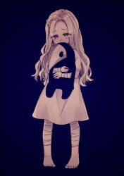 Rule 34 | 10s, 1girl, bandaged arm, bandaged leg, bandages, barefoot, blue background, blush, boku no hero academia, character doll, child, covered mouth, doll, eri (boku no hero academia), eyes visible through hair, full body, gradient background, holding, holding doll, horns, hugging doll, hugging object, joi irinaka, long hair, looking at viewer, monochrome, pajamas, plague doctor mask, red eyes, rey0, single horn, solo, spot color, standing