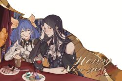 Rule 34 | 1girl, 1other, ascot, bare shoulders, black hair, blue hair, cake, cake slice, closed eyes, coffee, cup, disposable cup, dizzy (guilty gear), dress, food, guilty gear, guilty gear strive, hair ribbon, hair rings, happy, highres, long hair, red eyes, ribbon, smile, testament (guilty gear), vaselinwithout, white ascot