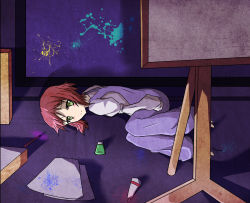 Rule 34 | 10s, 1girl, armless amputee, art brush, barefoot, canvas (object), double amputee, easel, green eyes, katawa shoujo, olly (ollycrescent), overalls, paint, paintbrush, red hair, solo, tezuka rin