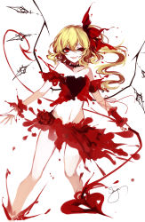Rule 34 | 1girl, absurdres, artist name, bad id, bad pixiv id, blonde hair, blood, cowboy shot, crop top, flandre scarlet, hair between eyes, highres, laevatein, midriff, off-shoulder shirt, off shoulder, open mouth, red eyes, sheya, shirt, short hair, side ponytail, signature, simple background, smile, solo, thighs, touhou, white background, wrist cuffs