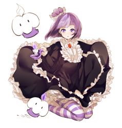 Rule 34 | 1girl, bad id, bad twitter id, black dress, blackberry cookie, blunt bangs, blush, brooch, candle, cookie run, crown, dress, gothic lolita, jewelry, lolita fashion, long sleeves, looking at viewer, mery (yangmalgage), mini crown, multicolored hair, purple candle (cookie run), purple eyes, purple hair, short hair, solo, striped clothes, striped thighhighs, thighhighs, two-tone hair