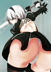 Rule 34 | 0:00, 1girl, backless dress, backless outfit, black dress, black gloves, black thighhighs, blindfold, dress, from below, gloves, hairband, highres, long sleeves, mole, mole under mouth, nier (series), nier:automata, panties, pantyshot, puffy sleeves, short hair, solo, standing, sword, thighhighs, underwear, upskirt, weapon, white hair, white panties, 2b (nier:automata)