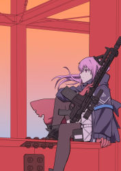 Rule 34 | 1girl, akaimame, ar-15, arm support, commentary request, construction site, evening, from side, girls&#039; frontline, gloves, gun, jacket, long hair, mod3 (girls&#039; frontline), orange sky, pink hair, profile, red eyes, rifle, scope, sidelocks, sky, solo, st ar-15 (girls&#039; frontline), st ar-15 (mod3) (girls&#039; frontline), thighhighs, weapon