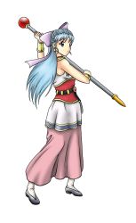 Rule 34 | 1girl, blue eyes, blue hair, bracer, dragon quest, dragon quest v, earrings, female focus, flora (dq5), full body, hair ribbon, highres, jewelry, ribbon, scepter, shoes, simple background, solo, standing, tagme, white background