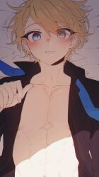 Rule 34 | 1boy, abs, absurdres, black shirt, blonde hair, blue eyes, blue necktie, blush, collarbone, collared shirt, commentary, coojisan, english commentary, fingernails, hair behind ear, hair between eyes, hand up, highres, holostars, kishido temma, looking at viewer, lying, male focus, necktie, on back, on bed, open clothes, open shirt, parted lips, shirt, short hair, smile, solo, sweatdrop, toned, toned male, undone necktie, upper body, virtual youtuber