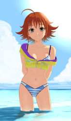Rule 34 | 10s, 1girl, ahoge, arms behind back, bikini, bikini under clothes, blue eyes, breasts, brown hair, cleavage, crop top, highres, idolmaster, idolmaster cinderella girls, looking at viewer, nishijima kai, off shoulder, partially submerged, saty-rokuji, short hair, sky, small breasts, smile, solo, striped, swimsuit, swimsuit under clothes, wading, zipper