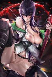 Rule 34 | 1girl, bare shoulders, black thighhighs, blood, blue eyes, blush, bottomless, breasts, breasts out, busujima saeko, female focus, garter straps, highres, highschool of the dead, katana, large breasts, lingerie, long hair, nipples, purple hair, pussy, sakimichan, school uniform, solo, spread legs, sweat, sword, thighhighs, torn clothes, torn thighhighs, uncensored, underwear, very long hair, weapon