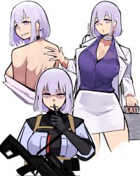Rule 34 | 1girl, bandaged neck, bandages, black gloves, breasts, briefcase, business suit, cleavage, commentary, cropped legs, cropped torso, english commentary, finger to mouth, formal, from behind, girls&#039; frontline, gloves, gun, highres, holding, holding briefcase, large breasts, light machine gun, long sleeves, looking at viewer, multiple views, official alternate costume, parted lips, purple eyes, purple hair, purple shirt, rpk-16, rpk-16 (girls&#039; frontline), rpk-16 (renate) (girls&#039; frontline), san d1605, scope, shirt, short hair, shushing, simple background, smile, suit, twitter username, upper body, weapon, white background, white suit