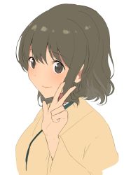Rule 34 | 1girl, brown eyes, brown hair, closed mouth, commentary request, copyright request, hand up, highres, japanese clothes, long sleeves, looking at viewer, masukuza j, short hair, simple background, smile, solo, upper body, w, white background, wide sleeves