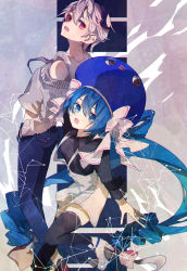 Rule 34 | 2girls, androgynous, apron, black legwear, black skirt, blue eyes, blue hair, boots, braid, denim, dots, eel hat, flower (vocaloid), flower (vocaloid4), geometry, hair ribbon, hands in pockets, highres, jeans, karanagare, long hair, looking at viewer, looking back, multicolored hair, multiple girls, open mouth, otomachi una, pants, purple eyes, purple hair, ribbon, shirt, skirt, standing, streaked hair, thighhighs, twin braids, twintails, very long hair, vocaloid, white footwear, white hair, white shirt