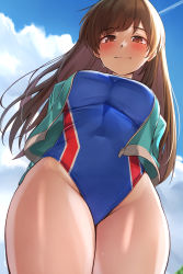 Rule 34 | 1girl, blue jacket, blue one-piece swimsuit, blue sky, blush, breasts, brown eyes, brown hair, competition swimsuit, covered navel, highleg, highleg swimsuit, highres, idolmaster, idolmaster cinderella girls, jacket, large breasts, long hair, long sleeves, looking at viewer, nitta minami, one-piece swimsuit, open clothes, open jacket, sky, smile, solo, swimsuit, thighs, yoshimoto (carpsukidayo)